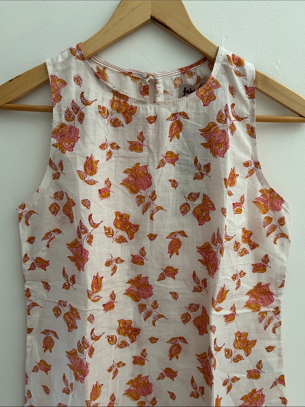 Hand Block Print Sleeveless Cotton White Top with Pink and Orange Floral Motif